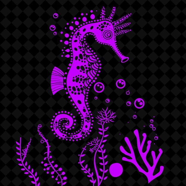 PSD png seahorse volkskunst met koraal en bubbels voor decoraties voeg illustratie bij outline frame decor