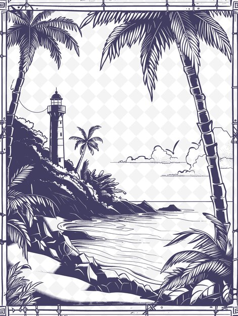 PSD png seaside landscape with lighthouse traditional bamboo frame s nature view outline art collection