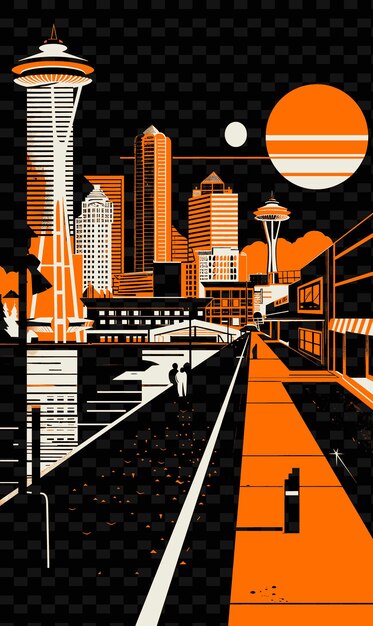 PSD png seattle with waterfront street scene and modern architecture illustration citys scene art decor