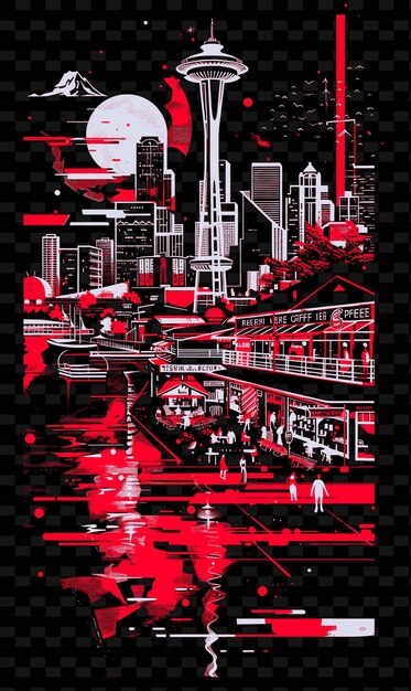 PSD png seattle con waterfront street scene e modern architecture illustrazione citys scene art decor