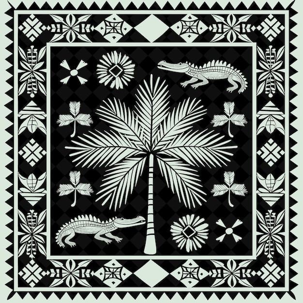 PSD png seminole folk art with patchwork and palmettos for decoratio outline traditional frame art