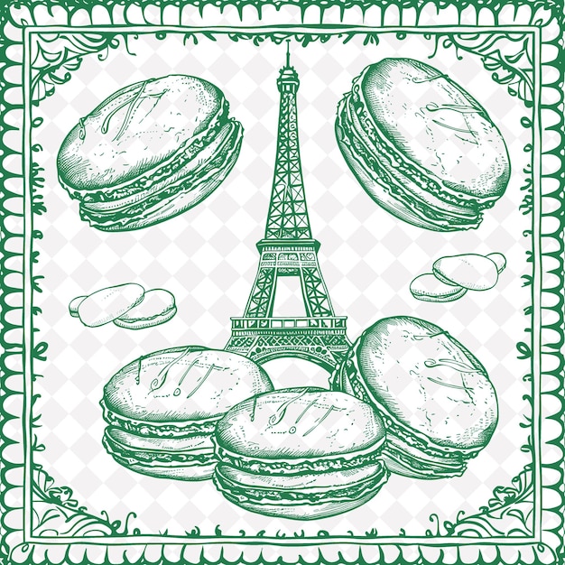 PSD png shabby chic parijse volkskunst met eiffeltorens en macaron traditionele outline art collection