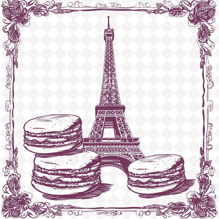 PSD png shabby chic parisian folk art with eiffel towers and macaron tradional outline art collection