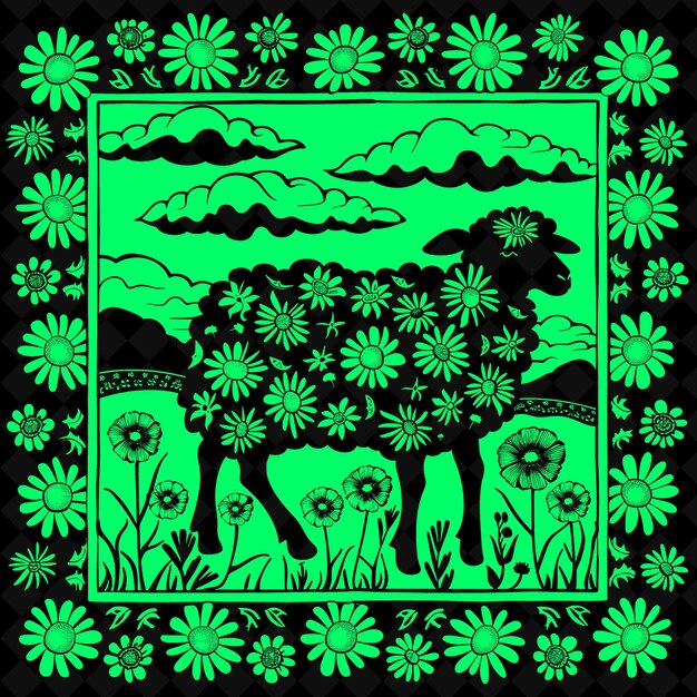 PSD png sheep folk art con margherite e nuvole per le decorazioni creare illustrazione contorno cornice decorazione