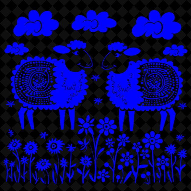 PSD png sheep folk art z margaritami i chmurami do dekoracji stwórz ilustrację kontur dekorację ramki