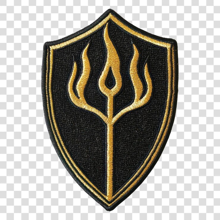 PSD png shield fire trident patch background embroidered blackboard