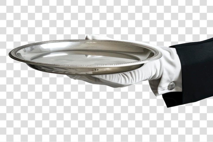 PSD png silver tray being held by a hand service serving person