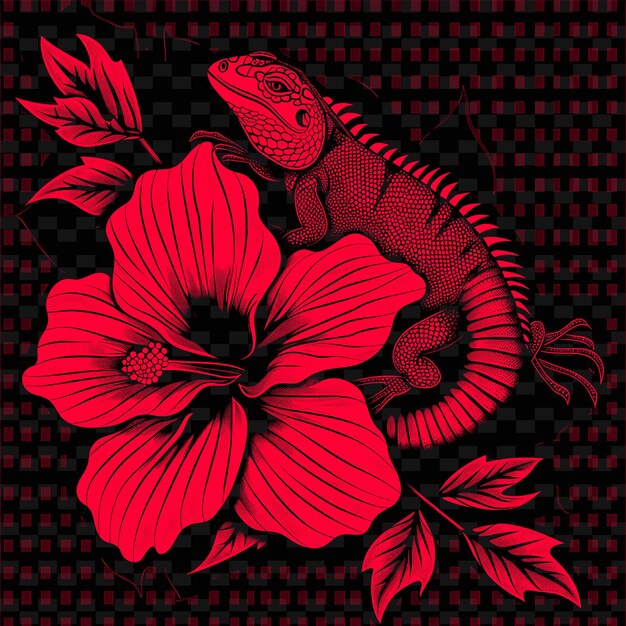 PSD png slipper flower con texture di pelle di iguana e motivi lineari w contorno di foglie animali e tropicali