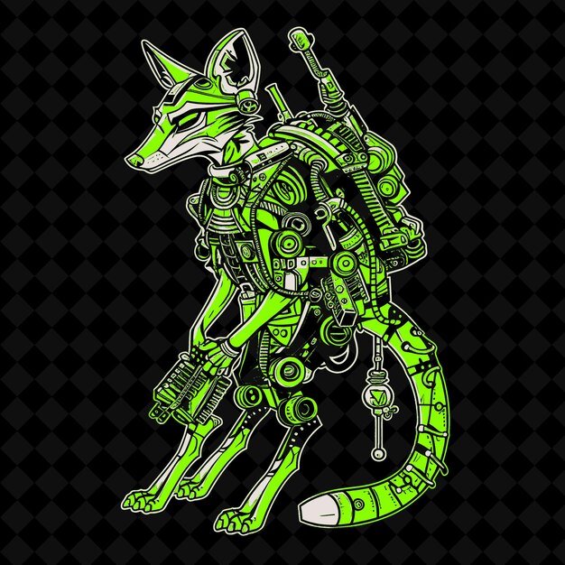 Png sly jackal with a mechanical tail and a gear filled backpack outline vector of animal mascot