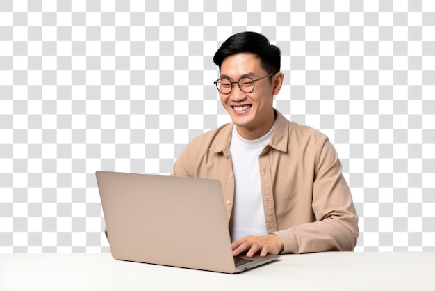 png smiling man using laptop happily