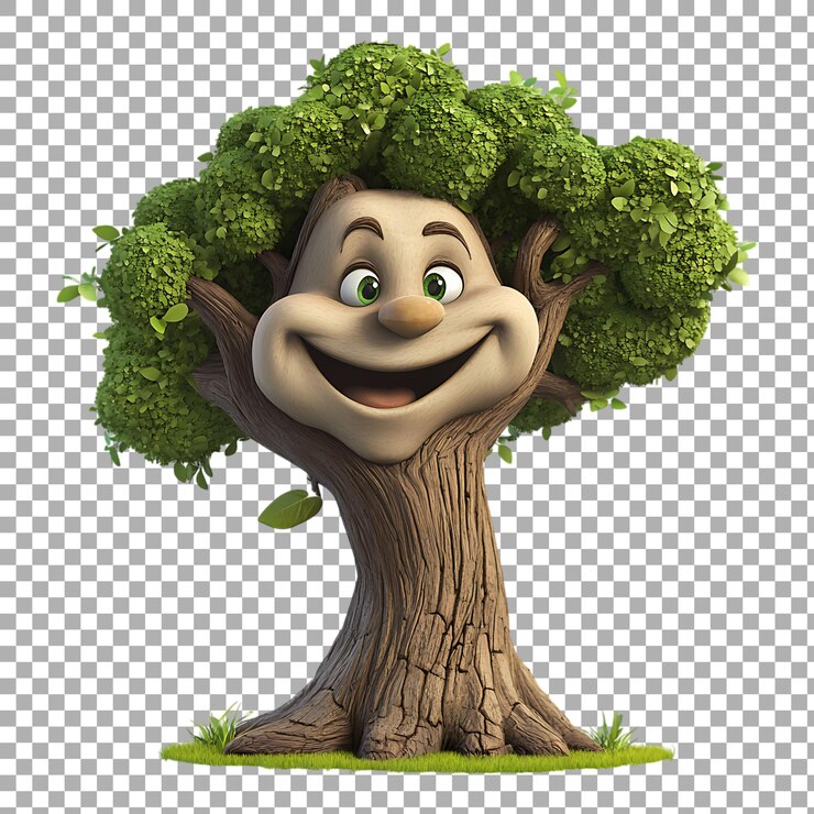 PSD png smiling tree cartoon against a transparent background