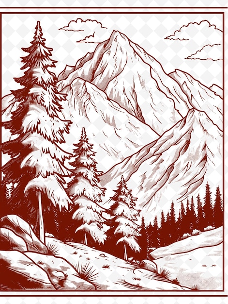 PSD png paesaggio montuoso coperto di neve con alberi di pino minimalista bl nature view outline art collection