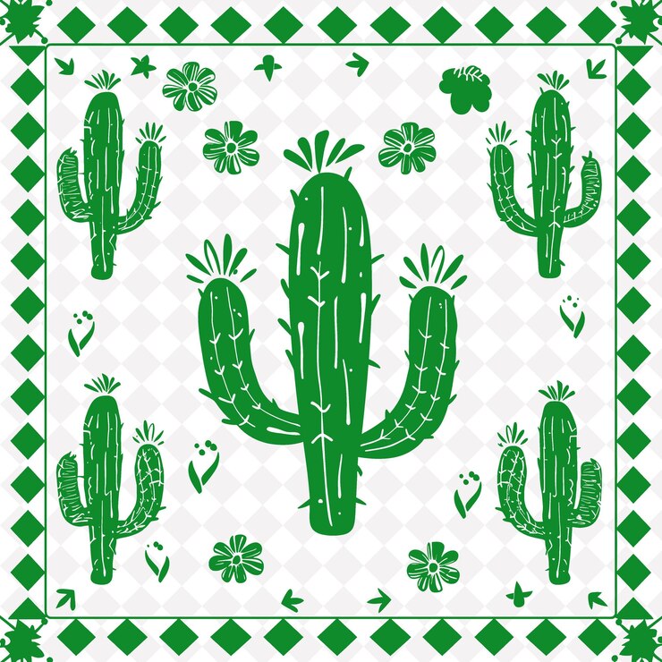 PSD png southwestern folk art with cacti and desert flowers for deco tradional outline art collection