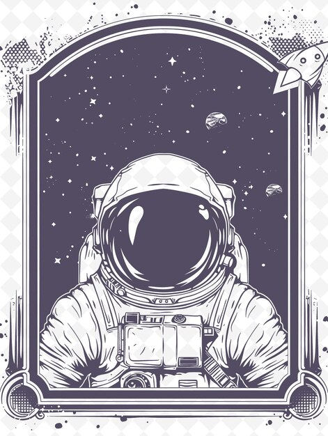 PSD png space exploration frame art met astronaut en rocket decora illustratie frame art decoratief