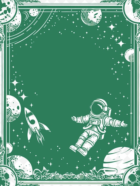 PSD png space exploration frame art met astronaut en rocket decora illustratie frame art decoratief