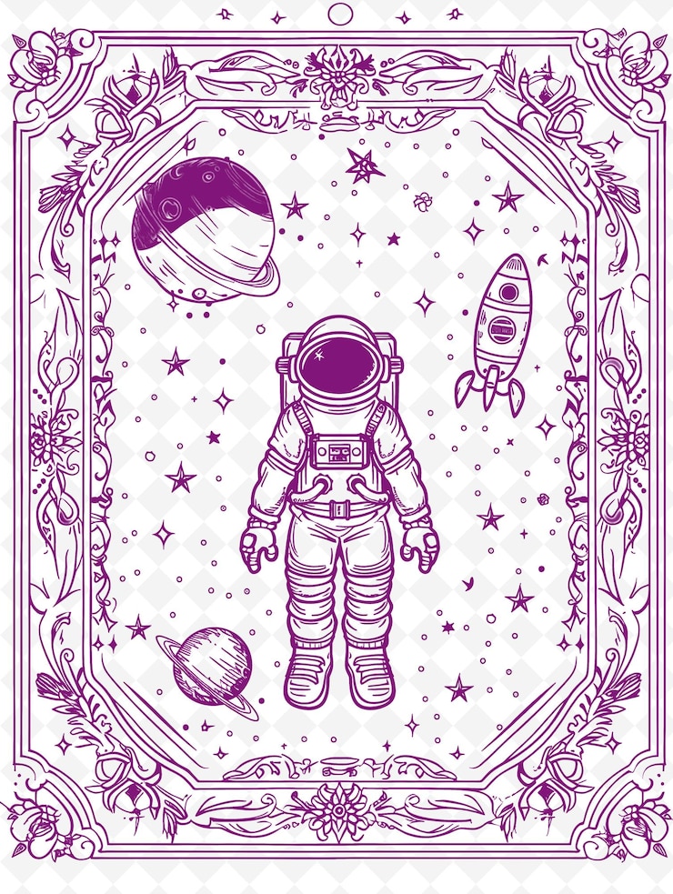 PSD png space exploration frame art with astronaut and rocket decora illustration frame art decorative