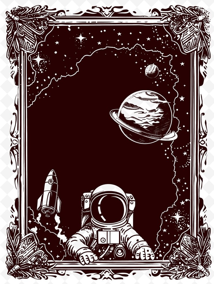 PSD png space exploration frame art with astronaut and rocket decora illustration frame art decorative