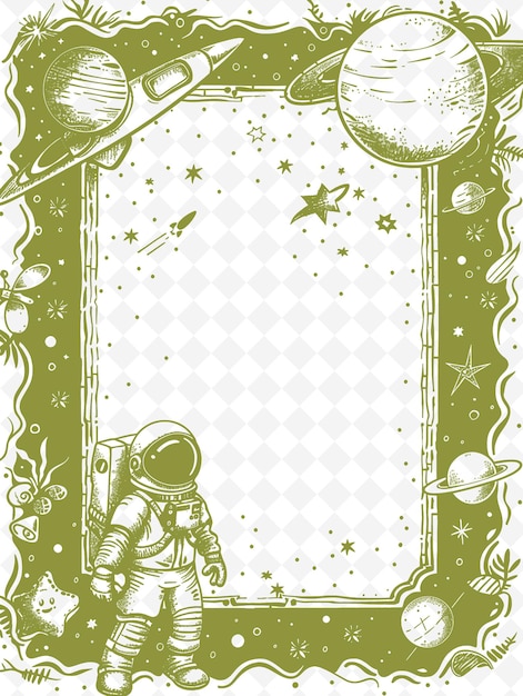 PSD png exploration space frame art con astronauta e decorazione del razzo illustrazione frame art decorative