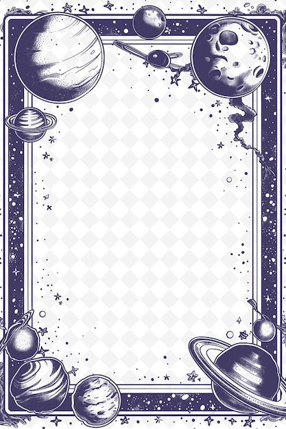 PSD png space themed frame art with planets and galaxies decorations illustration frame art decorative