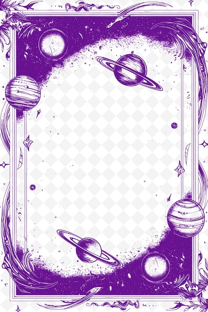 PSD png space themed frame art with planets and galaxies decorations illustration frame art decorative