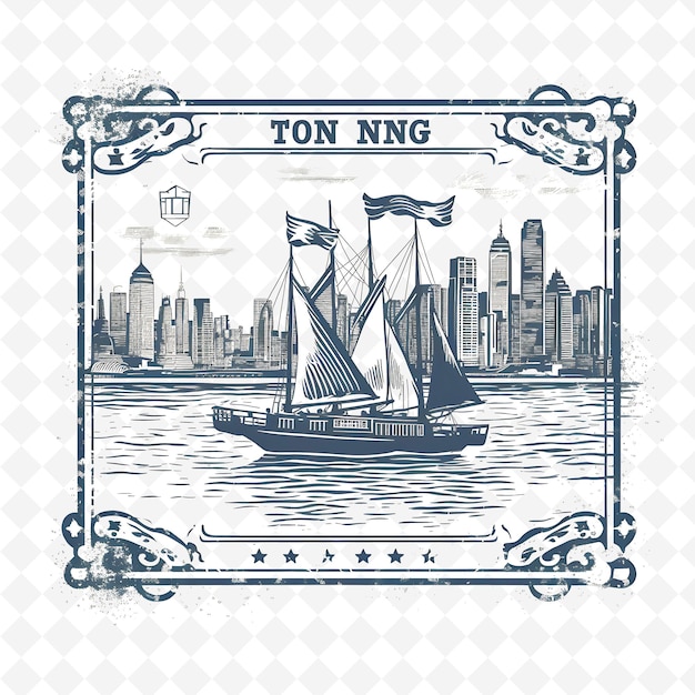 PSD png stamp hong kong city with monochrome gray color junk boat and skyl minimalist unique art frame