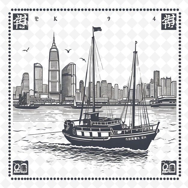 PSD png stamp hong kong city z monochromatycznym szarym kolorem junk boat i skyl minimalist unikalny ramka artystyczna