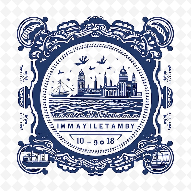 PSD png stamp mumbai city met monochrome navy blue color marine drive en minimalistisch uniek kunstframe