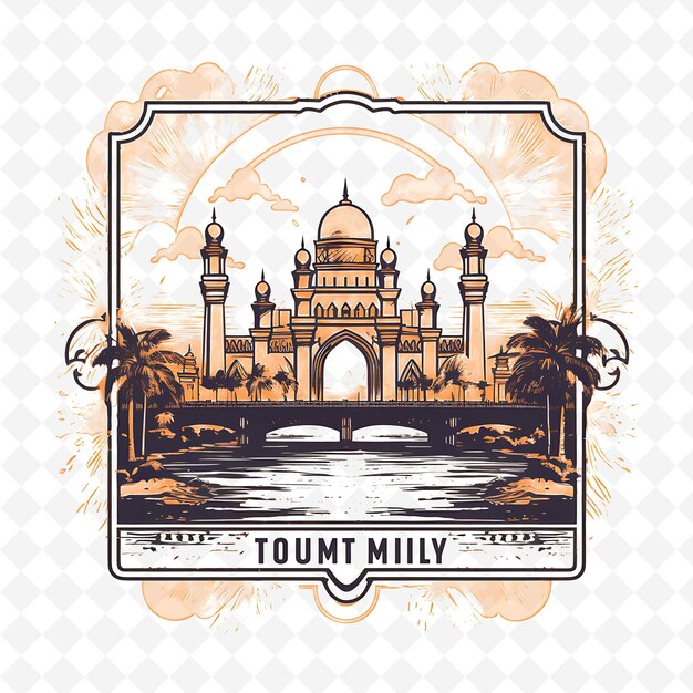 PSD png stamp mumbai city met monochrome oranje kleur tuk tuk en taj mah minimalistisch uniek kunstframe