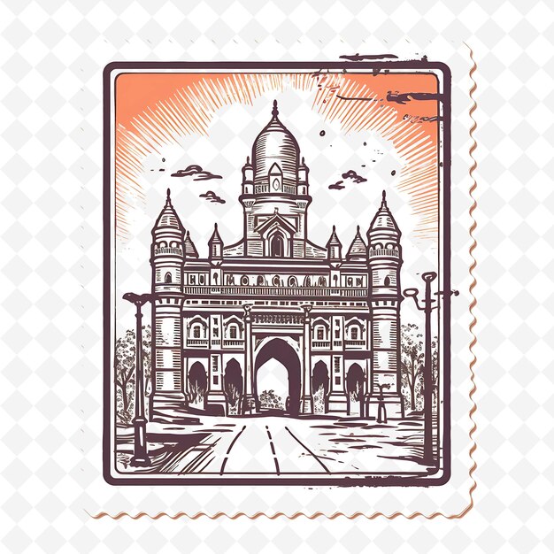 PSD png stamp mumbai city z monochromatycznym bramką indyjskim kolorem brzoskwiniowym i minimalistyczną unikalną ramką artystyczną