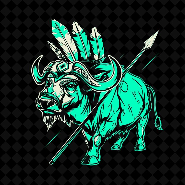 PSD png stampeding buffalo with a tribal chiefs headdress and spear outline vector of animal mascot