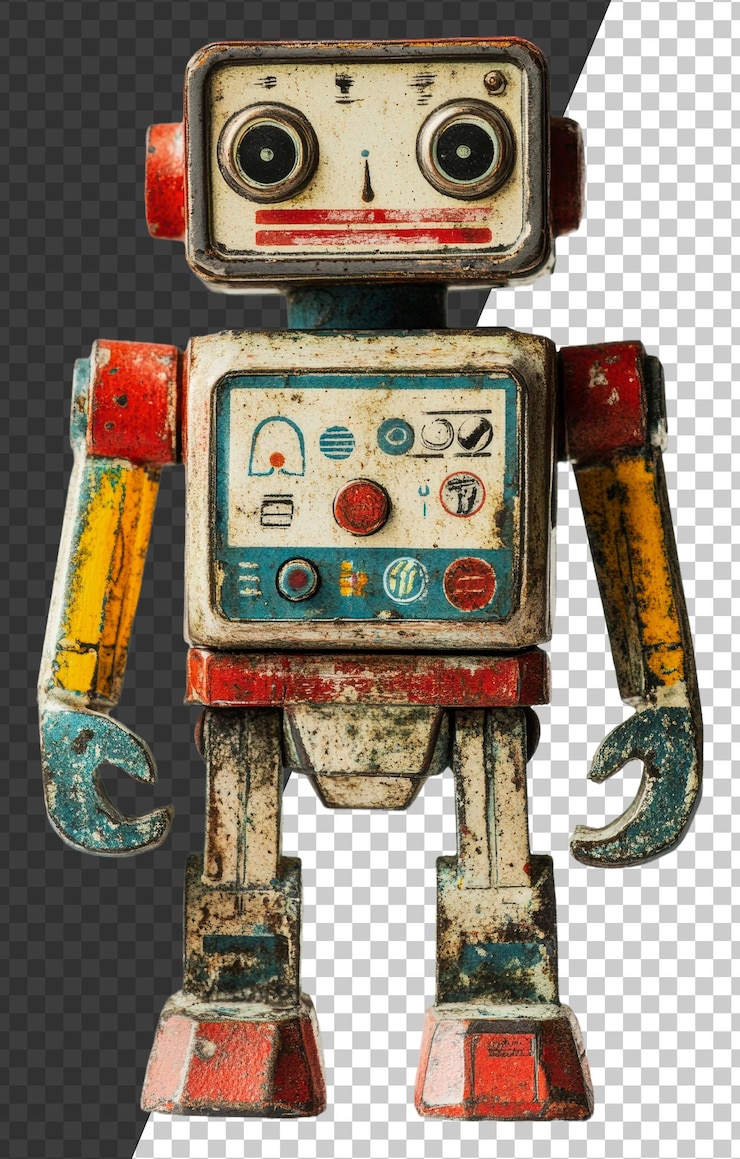PSD png starożytny metalowy zabawkowy robot z kolorowymi szczegółami