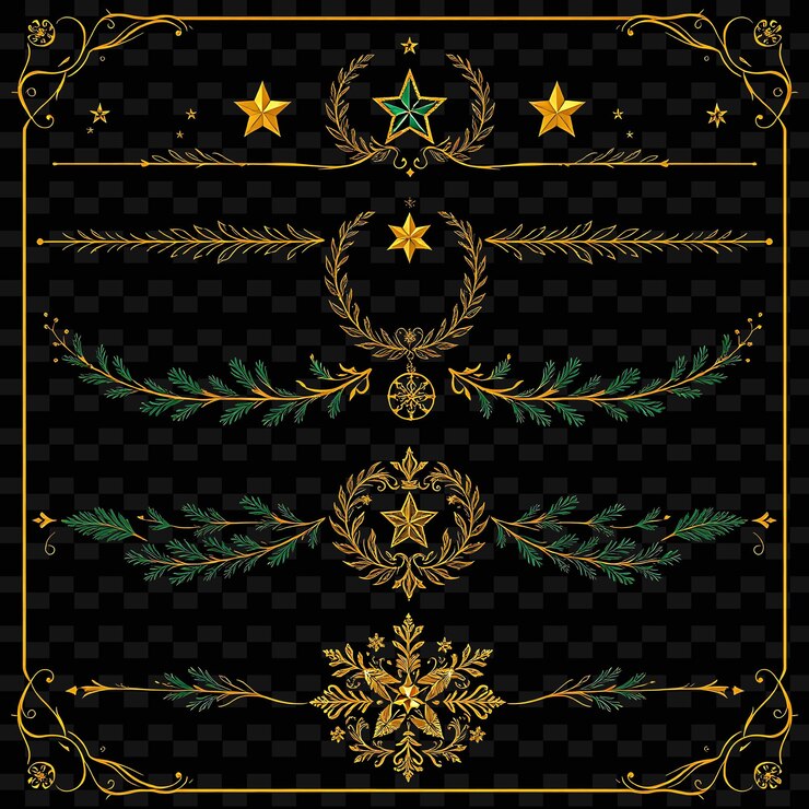 PSD png stars crowns laurel wreaths and fir branches deep emerald and sh illustration deviders seti