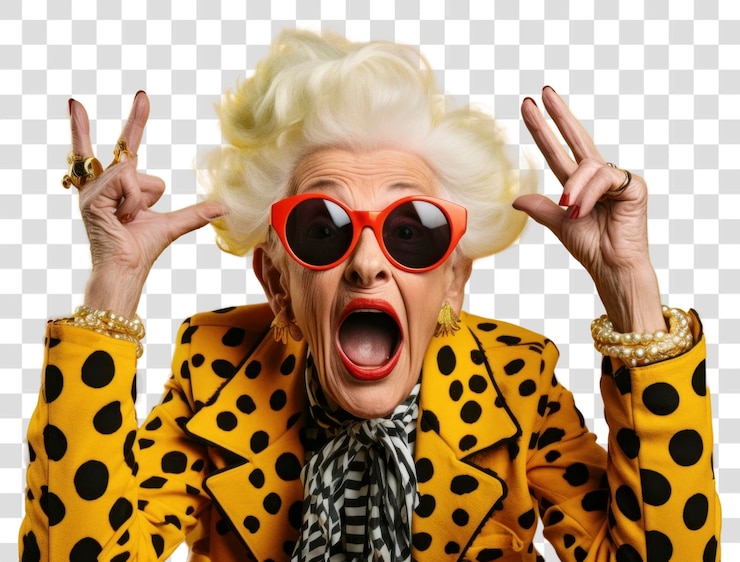 PSD png starsza kobieta z rokiem rock'n'roll rogi gesty rąk tło odzież osób starszych