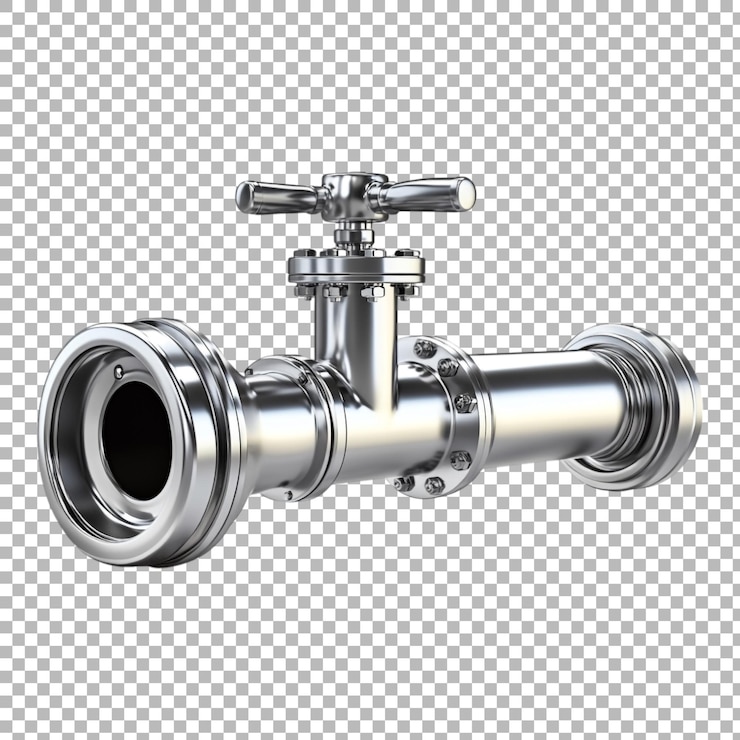 PSD png of a steel sanitary valve and pipe isolated against transparent background