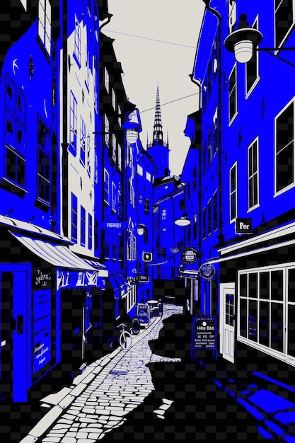 PSD png stockholms gamla stan con scena di strada medievale pietra calcarea illustrazione città scena arte decorazione