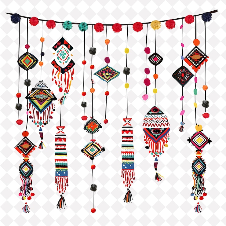 PSD png string of colorful threads attach with pompoms borderlines d creative nature design art