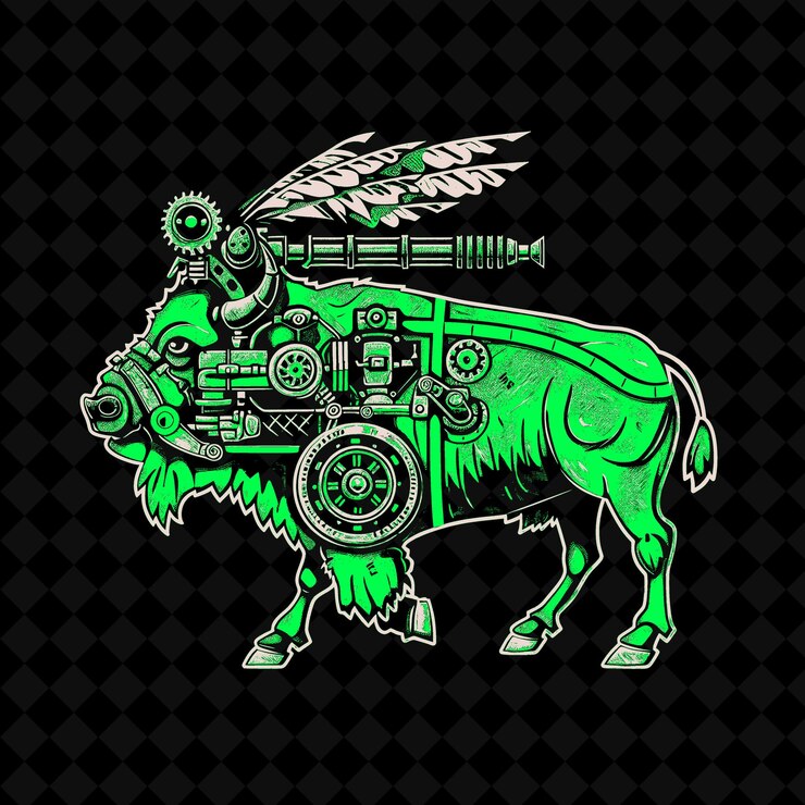 PSD png sturdy bison z silnikiem parowym i sprzętem naładowanym on przedstawia wektor maskotki zwierzęcej