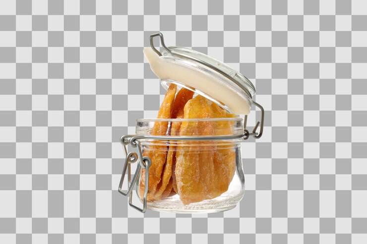 PSD png suszone mango w szklanym pojemniku izolowanym na białym tle