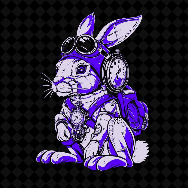 PSD png swift rabbit met een mechanisch been en een zakhorloge adorne outline vector of animal mascot