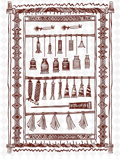 PSD png tapestry loom frame art с шпулями для нитей и ткацкой пате иллюстрация frame art декоративная