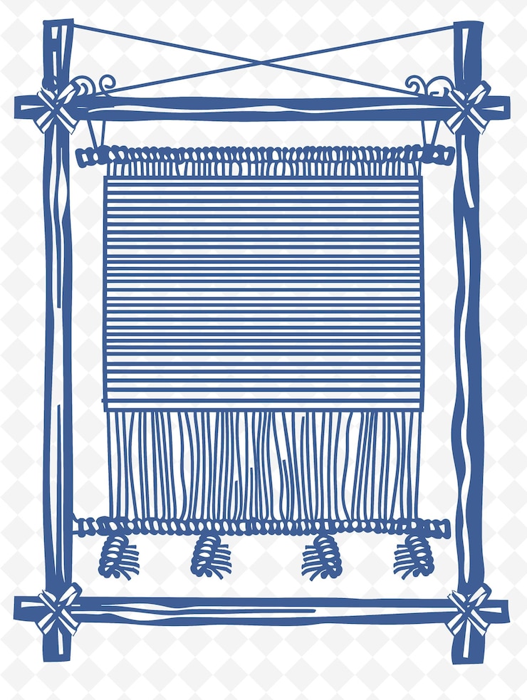 PSD png tapestry loom frame art with thread spools and weaving patte illustration frame art decorative
