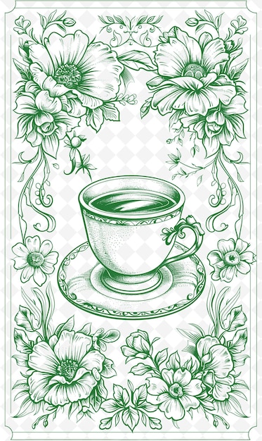 PSD png tea party invitation postcard design con cornice vittoriana st outline arts scribble decorative