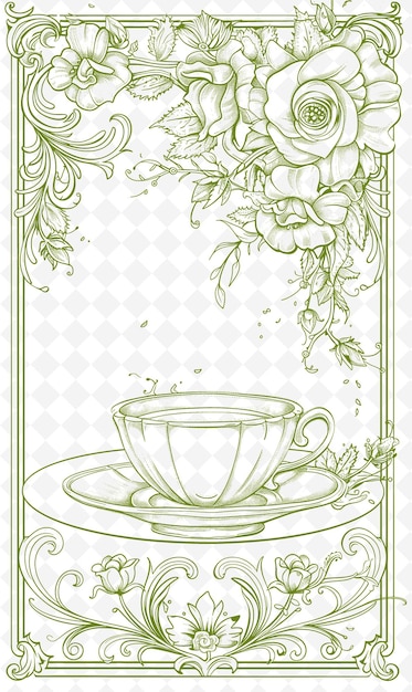 PSD png tea party invitation postcard design with victorian frame st outline arts scribble decorative