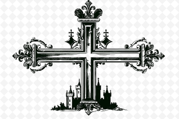 PSD png templar cross frame art con decorazioni di cavaliere e castello b illustration frame art decorative