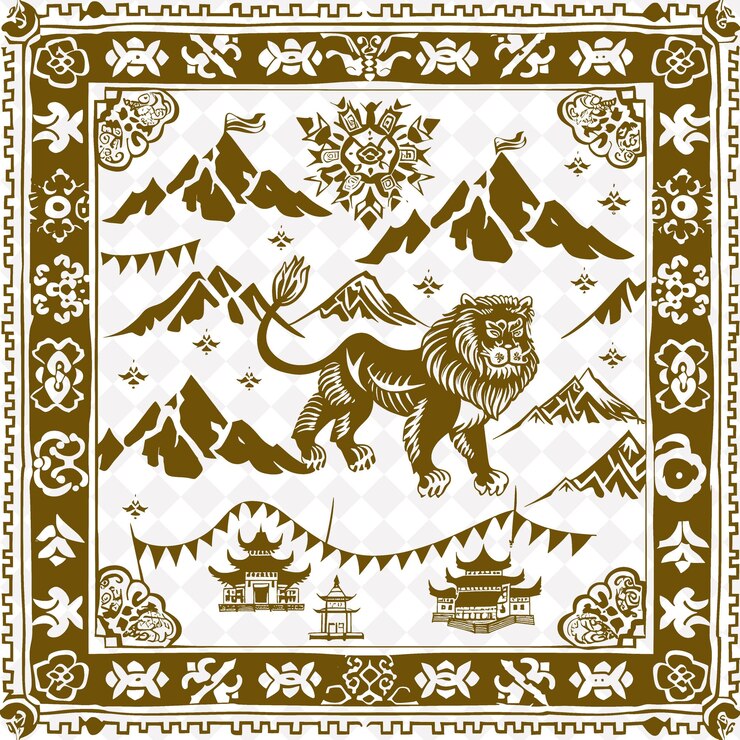 PSD png tibetan folk art with snow lions and prayer flags for decora tradional outline art collection