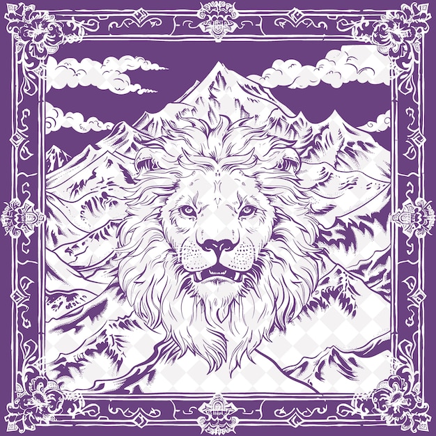 PSD png tibetan tribal stamp with snow lion and prayer flags for dec tradional outline art collection