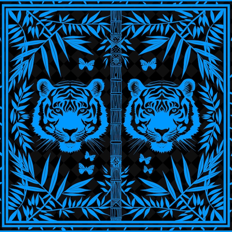 PSD png tigers eye folk art z tygrysami i bambusem do dekoracji o ilustracja kontur dekoracja ramki