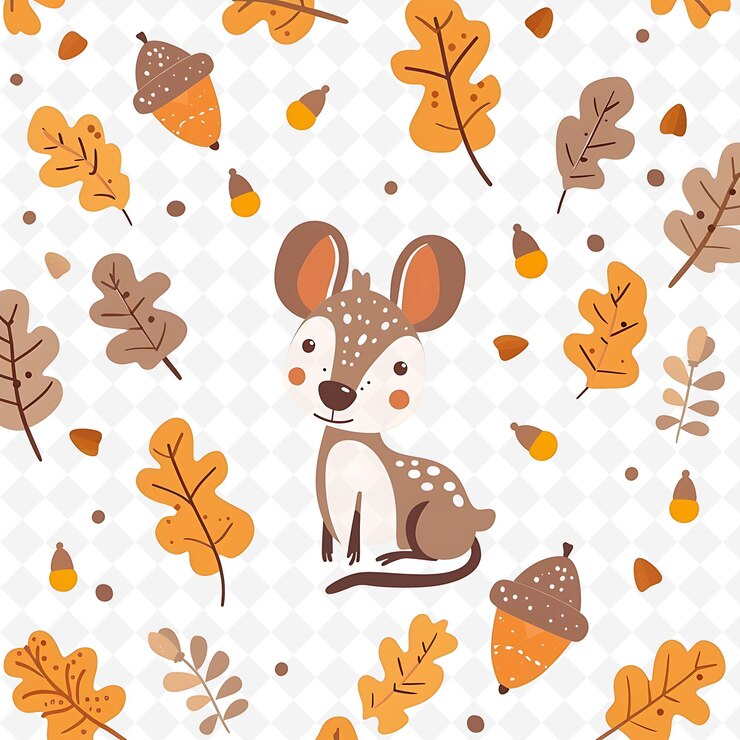 PSD png tiny mouse deer with acorn shapes scattered around autumnal flat illustration cute character