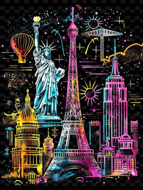 PSD png travel decal with illustrations of landmarks and with glitt creative neon y2k shape decorativee