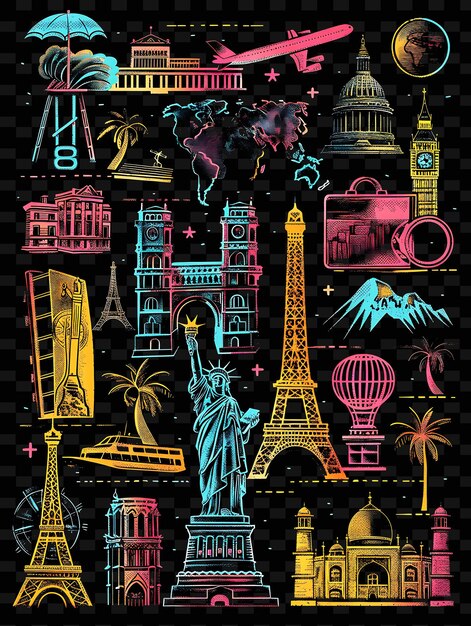 PSD png travel decal with illustrations of landmarks and with glitt creative neon y2k shape decorativee